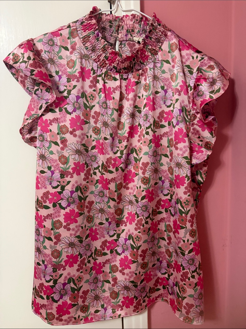 Smocked Neck Floral Ruffle Sleeve Blouse - Pink